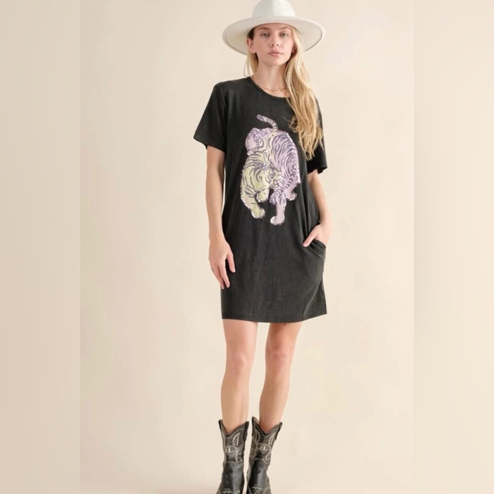 Black T-Shirt Dress with Tiger Print
